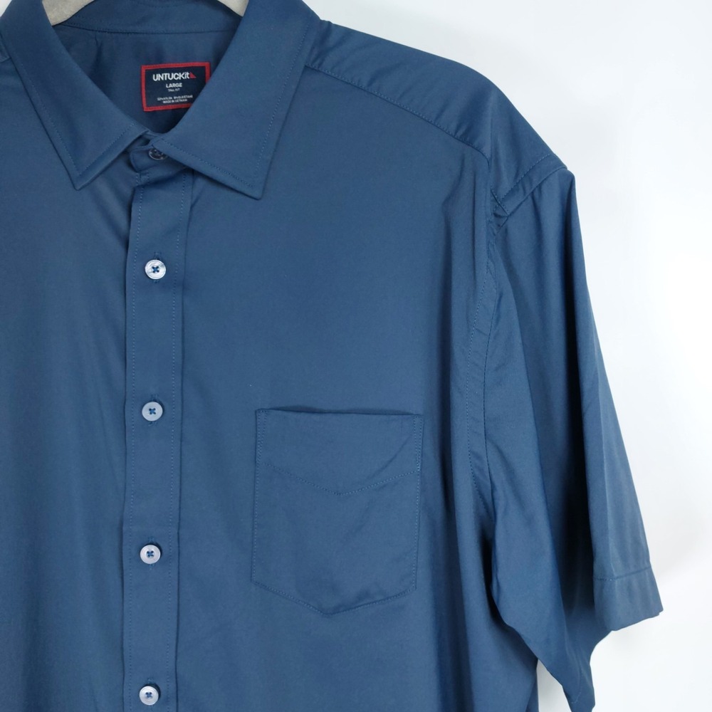UNTUCKit Gironde Mens Tall Fit Short Sleeve Shirt Size Large Navy Micro